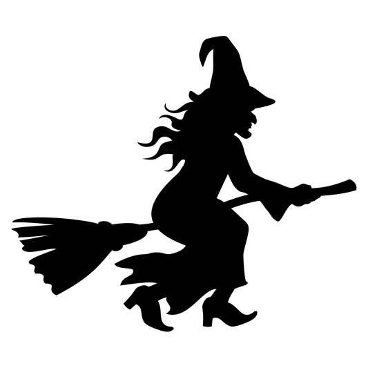 Enchanted witch flying on a broomstick in silhouette art